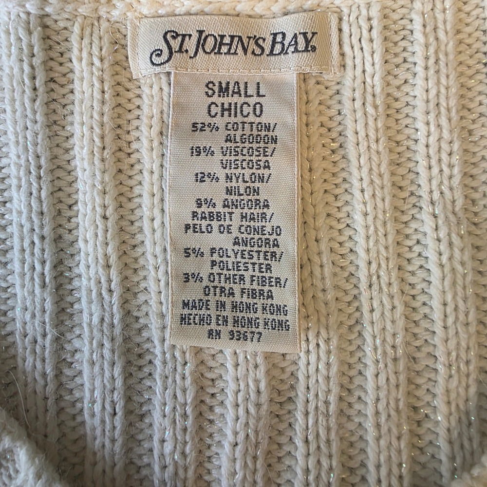 ST JOHNS BAY Womens Small Cream Cable Knit V Neck Sweater Angora Blend Sparkle - Picture 7 of 7